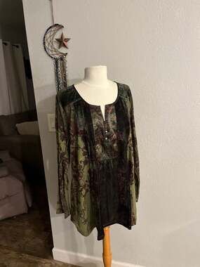 One World Women's 3X Boho Velvet Patchwork Floral Tunic Top Fairycore